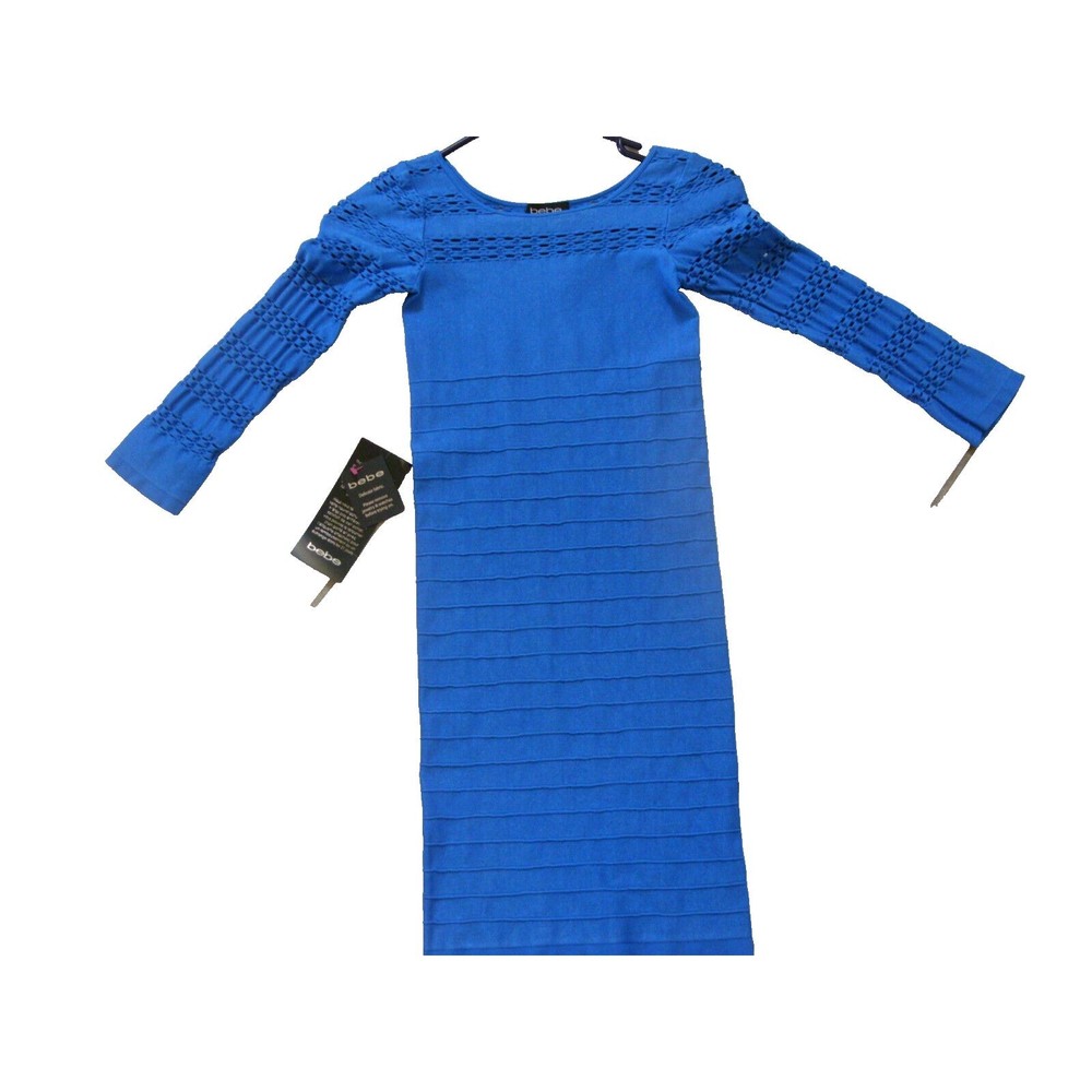 NEW BEBE Blue Sleeve Stacey Pick-a-Boo Shine Dress SIZE P/S Petite USA sexy